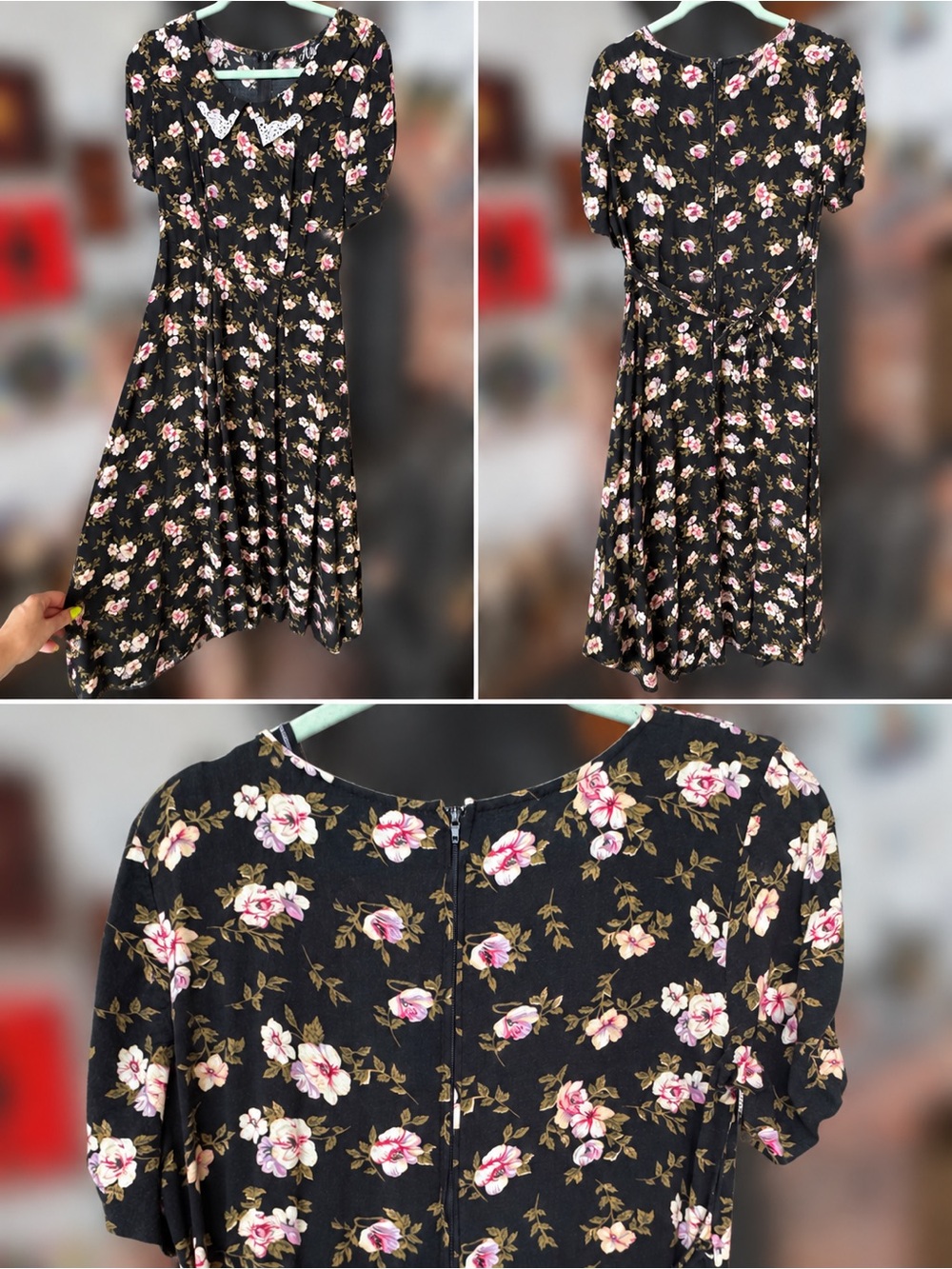 Vintage-inspired black floral midi dress w/tie waist